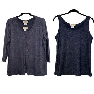 Vintage Talbots Sailor Chic Navy Metallic Top & Cardigan Sweater Set Size MP
